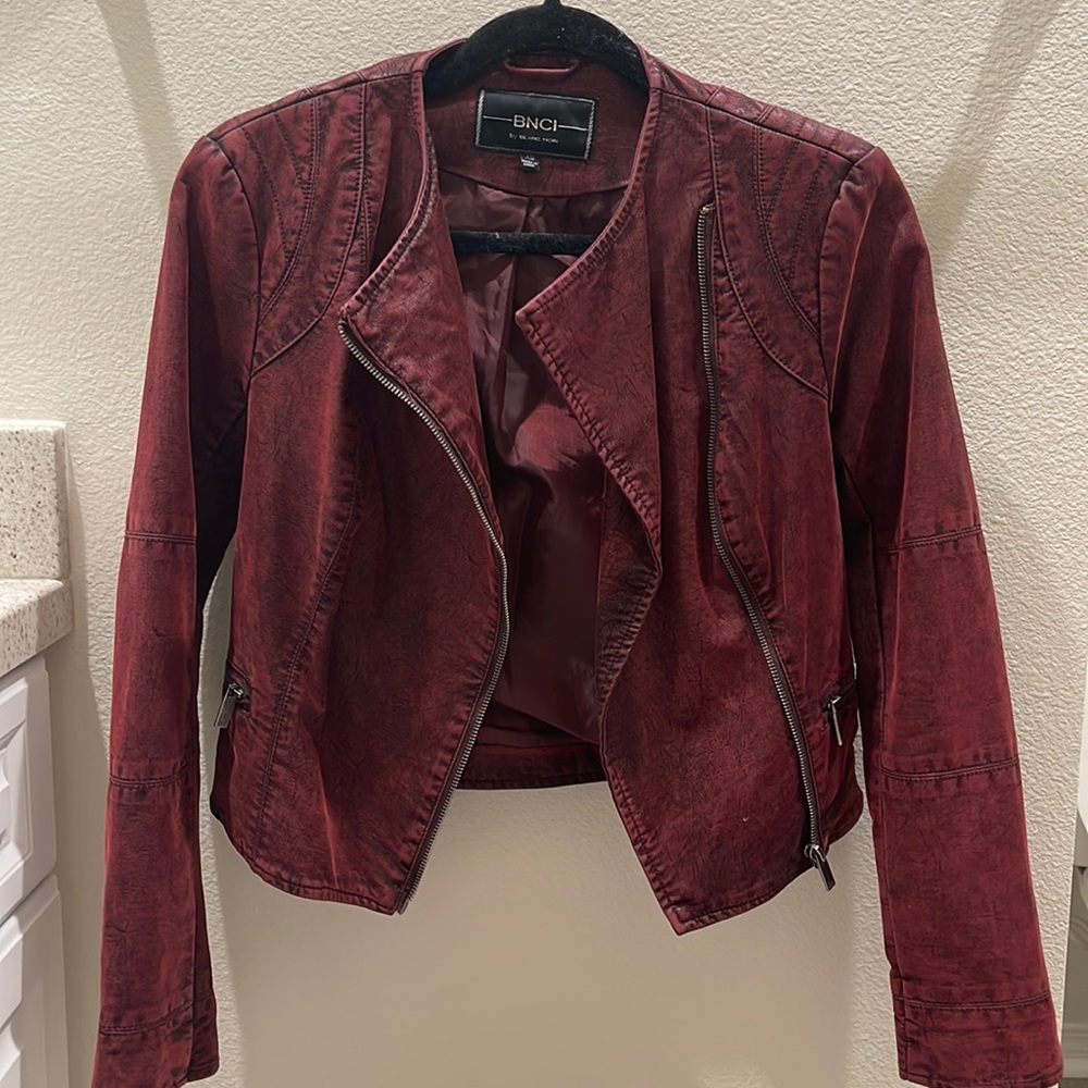 Deep red/black leather jacket worn once XS